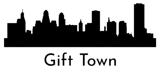 Silhouette of a city skyline labeled "Gift Town".