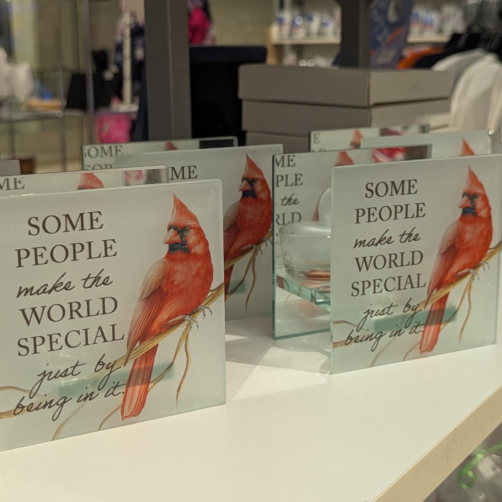 Square decorative plaques with cardinal illustration and inspirational quote displayed on a store shelf.
