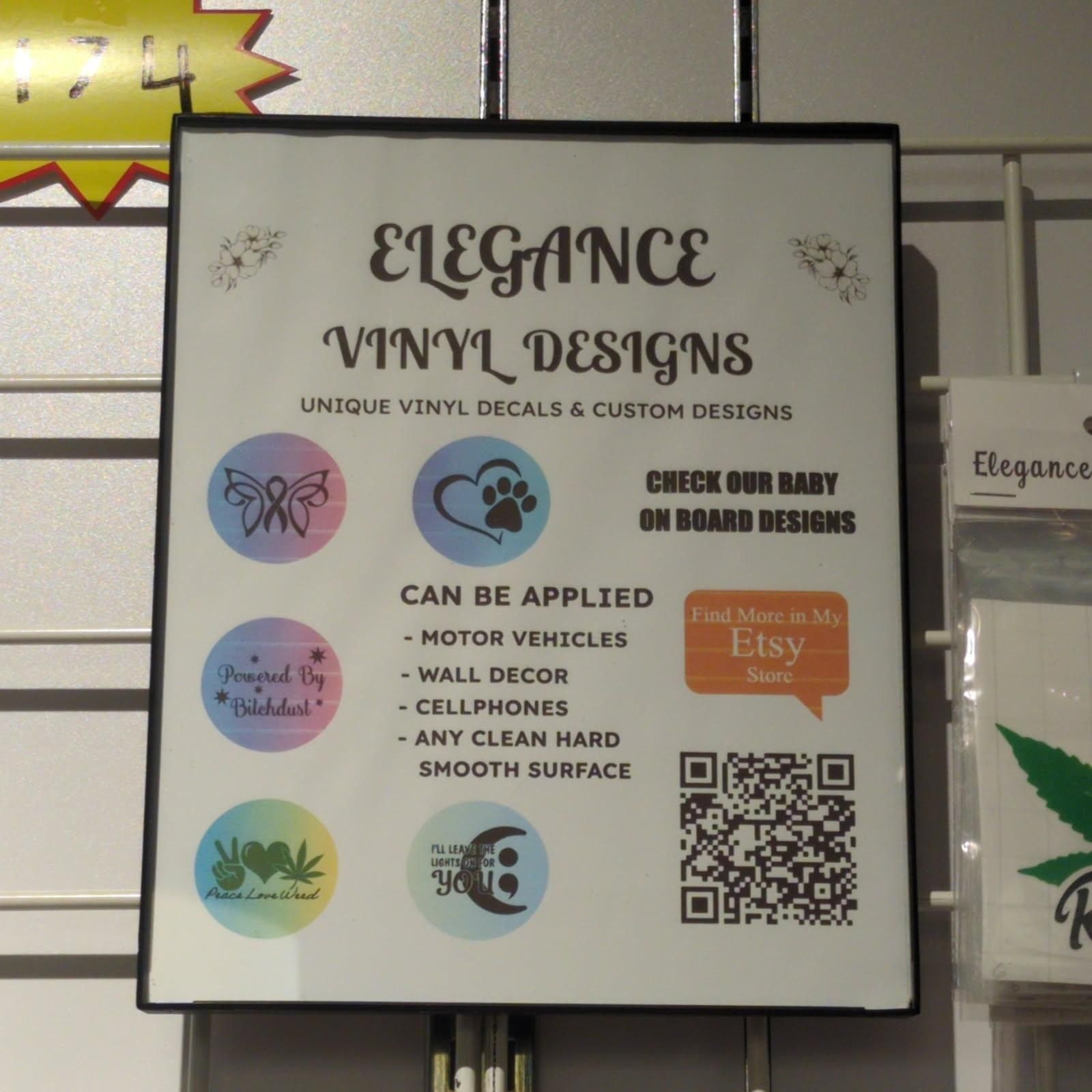 Sign for Elegance Vinyl Designs. Features: decals, custom designs, applications, and Etsy QR code.