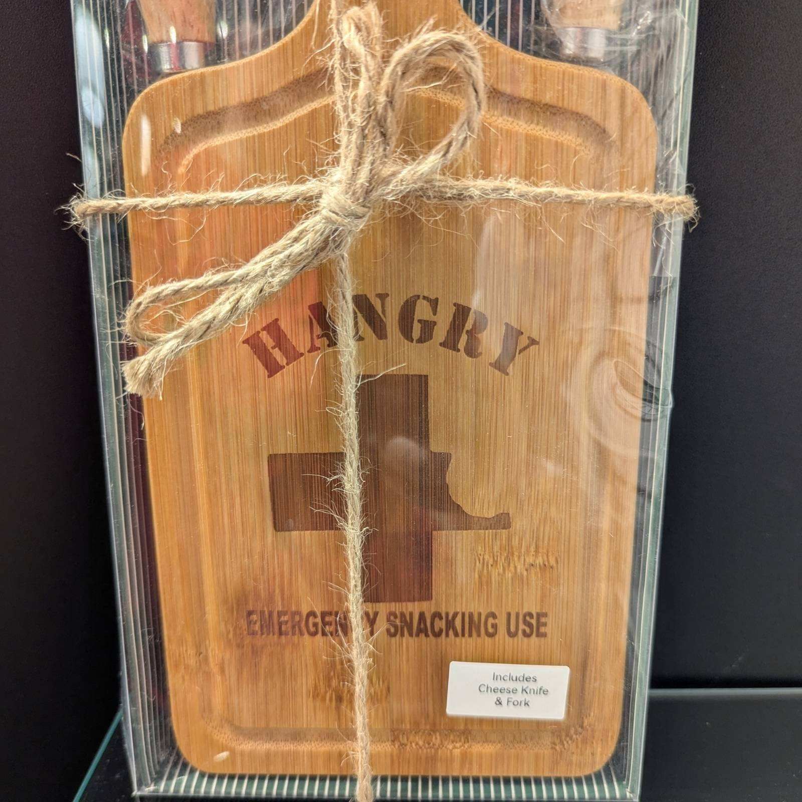 Wooden charcuterie board set, tied with twine, reads 