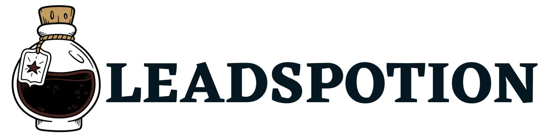 Logo Leadspottion avec une icône de bouteille et du texte noir sur fond blanc