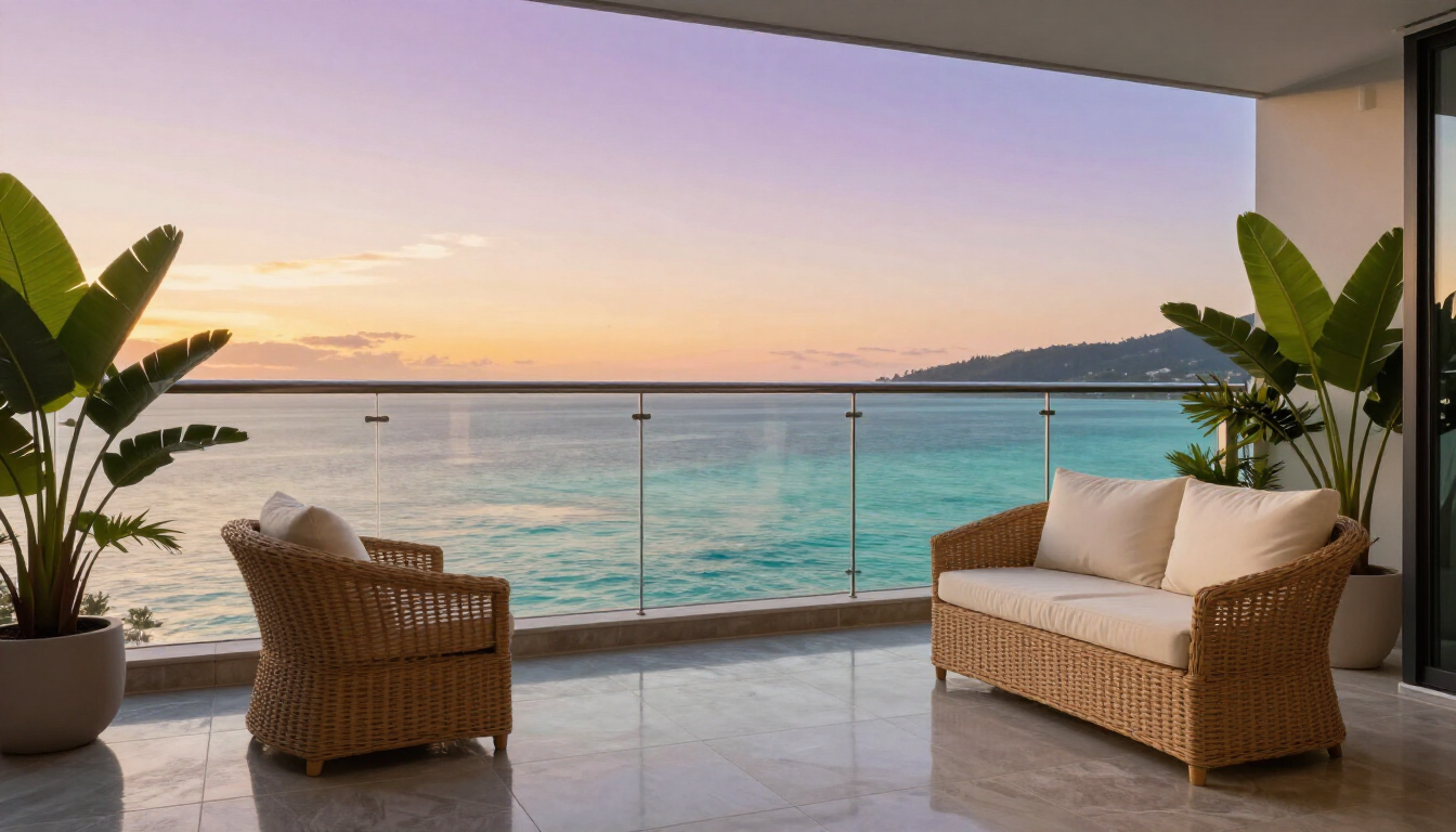 Modern vacation rental interior in New Caledonia with ocean view