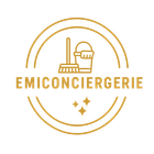 Gold EMICONCIERGERIE logo with cleaning tools inside a circular emblem and sparkles
