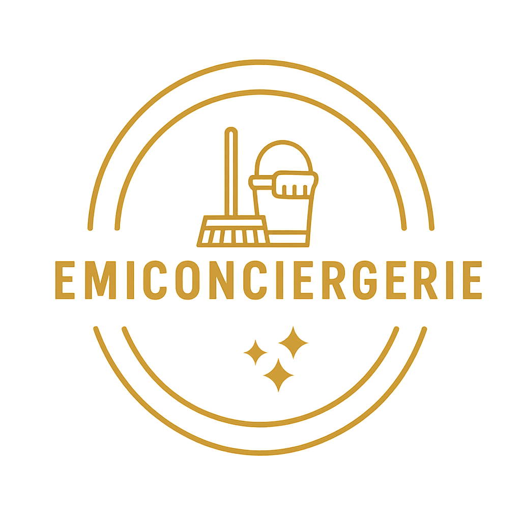 Gold EMICONCIERGERIE logo with cleaning tools inside a circular emblem and sparkles