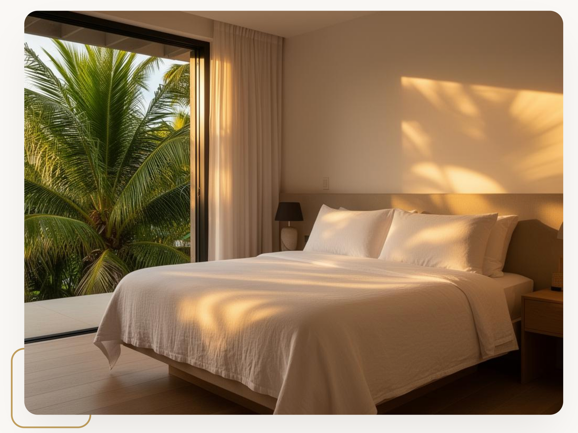 Sunlit bedroom with a made bed beside a window overlooking palm trees
