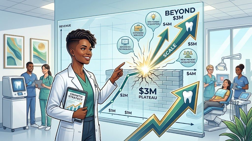 A professional stands before a screen showing growth charts and dental icons in a modern clinical setting.
