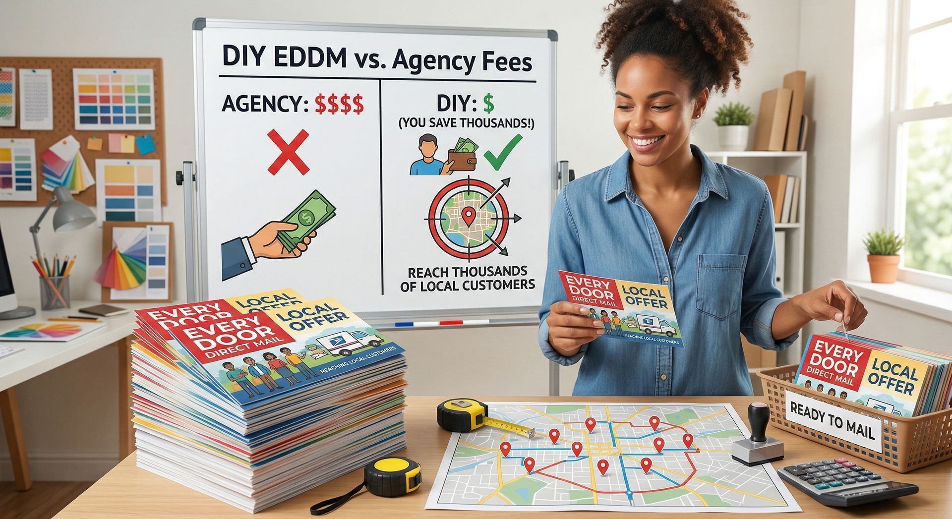 A person at a desk smiles while comparing DIY EDDM mailers to agency fees using a whiteboard, map, and stack of flyers.