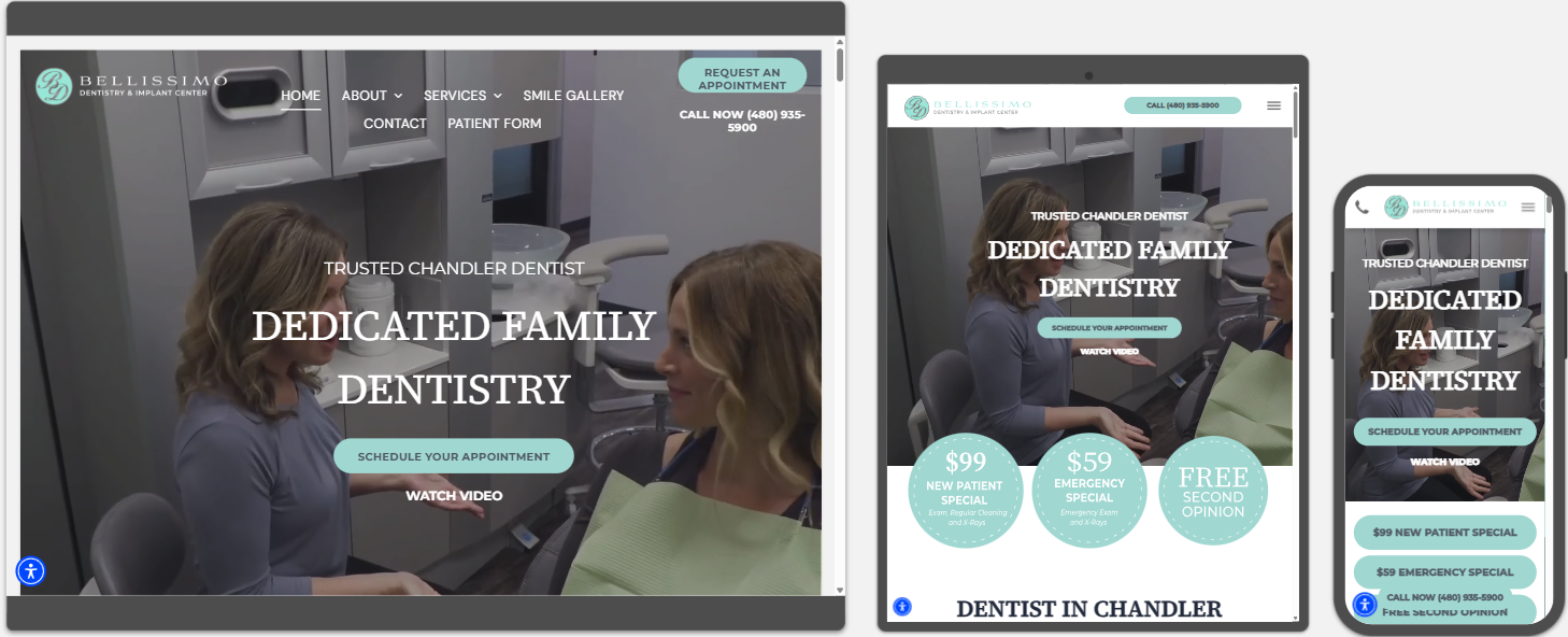 Dentist website on three devices: desktop, tablet, and phone. Dedicated Family Dentistry with blue and white accents.