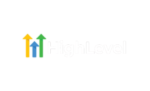 HighLevel logo: three colored arrows pointing up; yellow, blue, and green. Text: HighLevel.