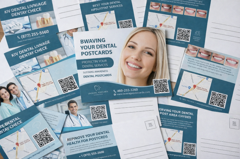 A collection of teal and white dental marketing postcards featuring a smiling woman, dental imagery, and QR codes.