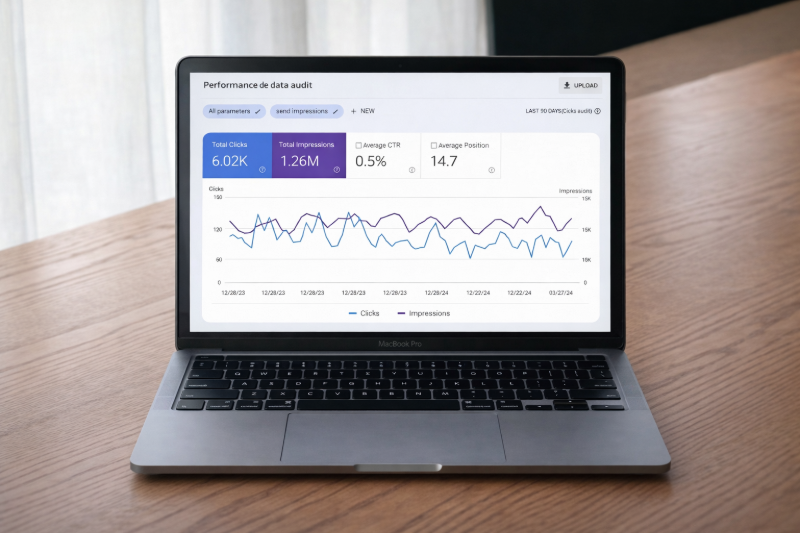 A laptop sitting on a wooden table displays a digital performance analytics dashboard with trend line graphs.