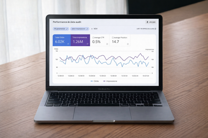 A laptop sitting on a wooden table displays a digital performance analytics dashboard with trend line graphs.