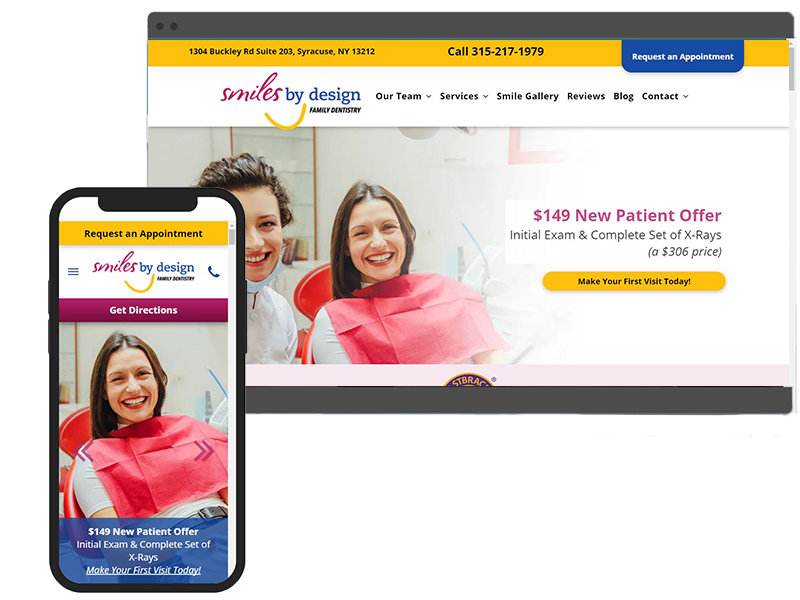 Responsive dental website showing a desktop and mobile view with a $149 new patient offer.
