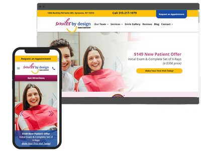 Responsive dental website showing a desktop and mobile view with a $149 new patient offer.
