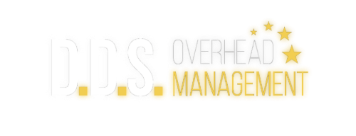 Logo for D.O.S. Overhead Management. Text is in white and gold, featuring stars and squares.