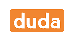 Duda logo: White "duda" text in orange rounded rectangle with white glow.