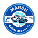 the logo for marsh mobile detailing shows a car being cleaned with a high pressure washer .