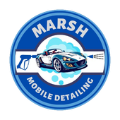 the logo for marsh mobile detailing shows a car being cleaned with a high pressure washer .