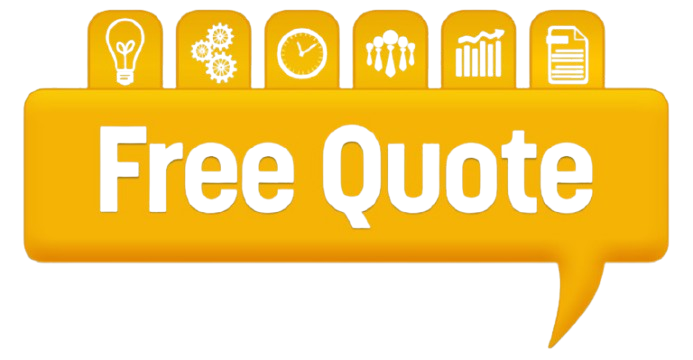 Speech bubble in yellow featuring the words “Free Quote” and icons above.
