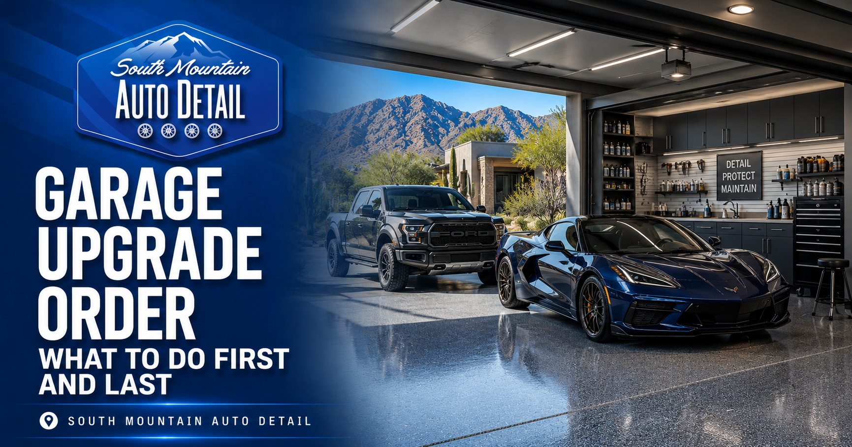 Auto detail garage upgrade order graphic with two luxury cars in a sleek modern garage