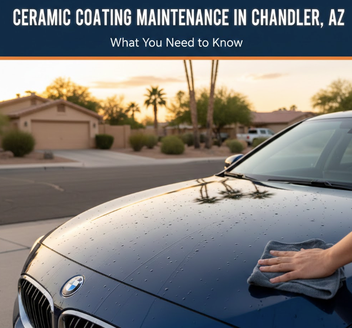 A person wiping a dark blue car in Chandler, AZ. Title: Ceramic coating maintenance.