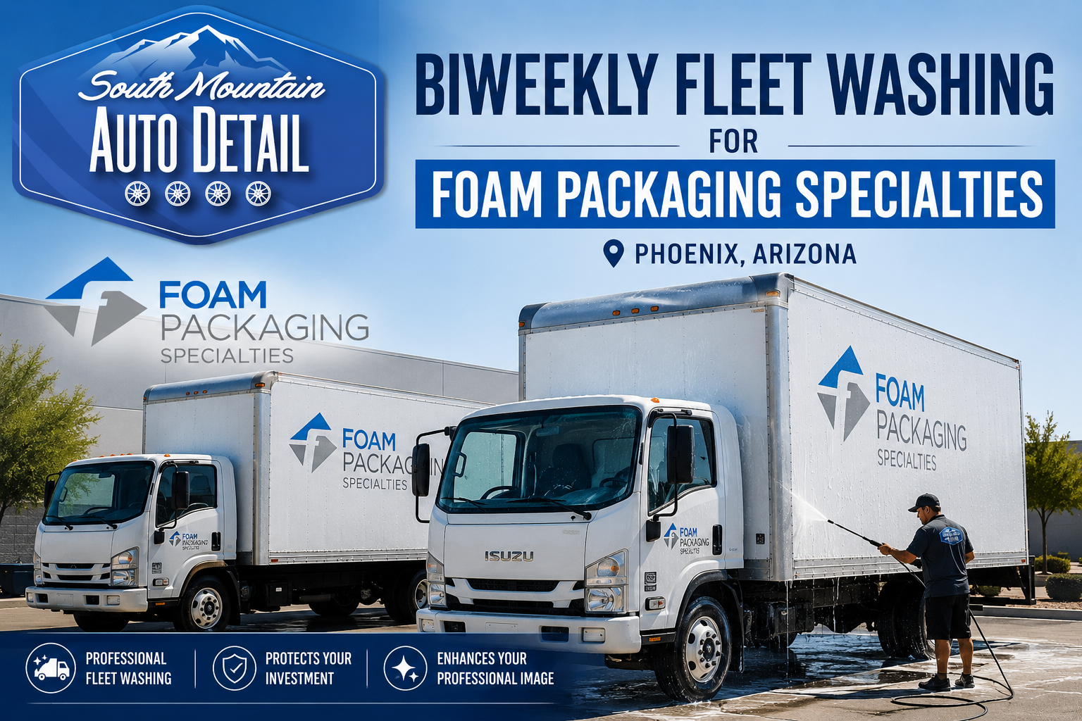 Foam Packaging Specialties logo in blue and gray with stylized foam/arrow icon