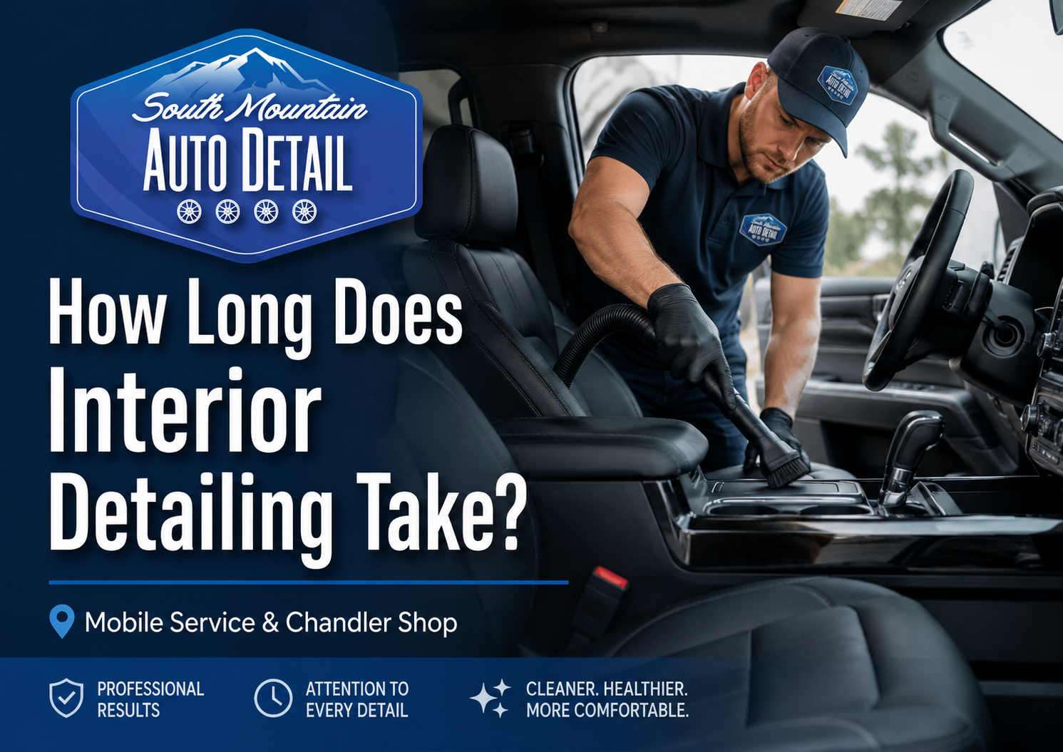 Auto detail ad showing a worker vacuuming a car interior with the text “How Long Does Interior Detailing Take?”