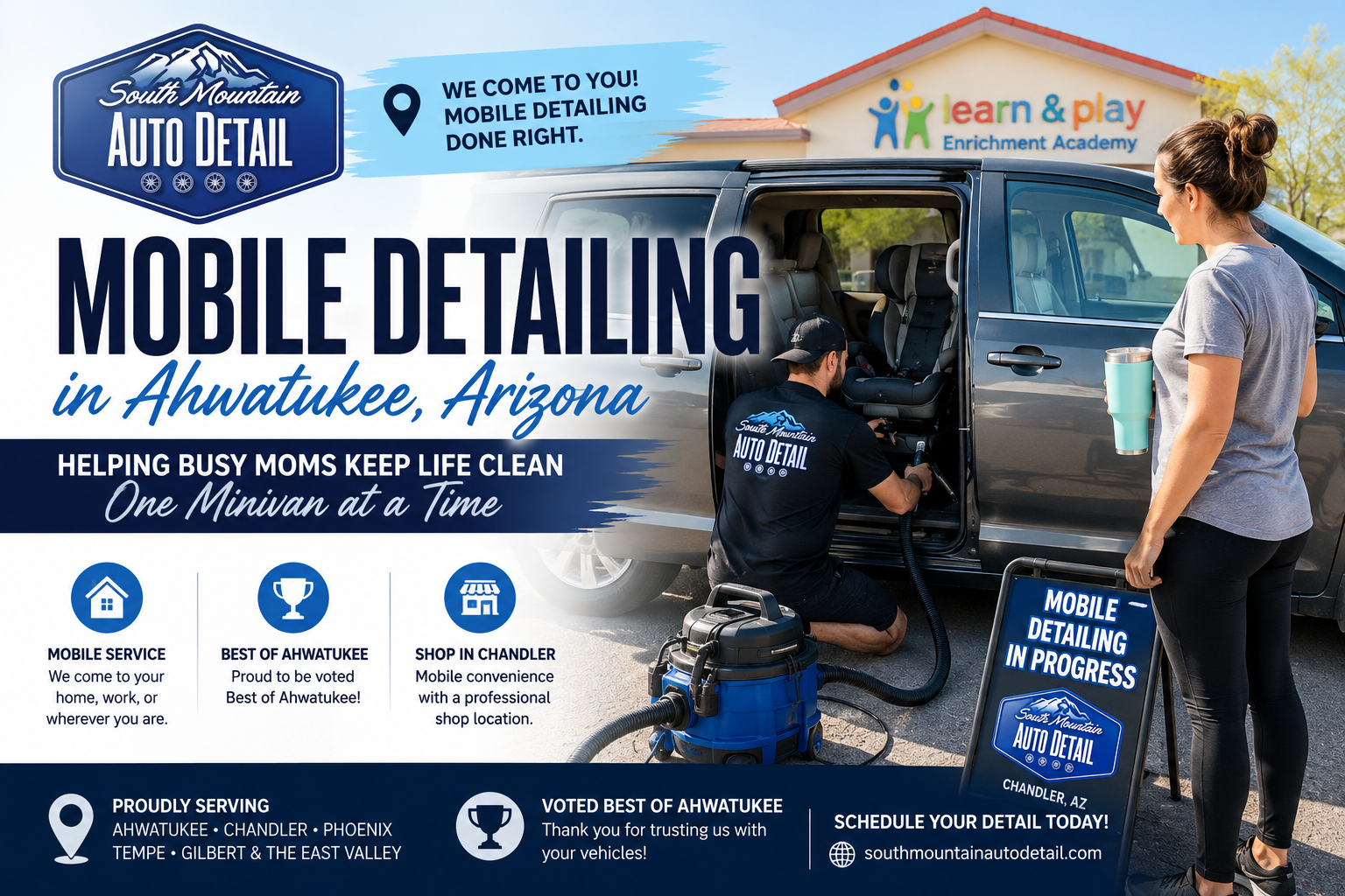 Mobile detailing ad in Ahwatukee, Arizona, showing a worker cleaning a vehicle and service logos.