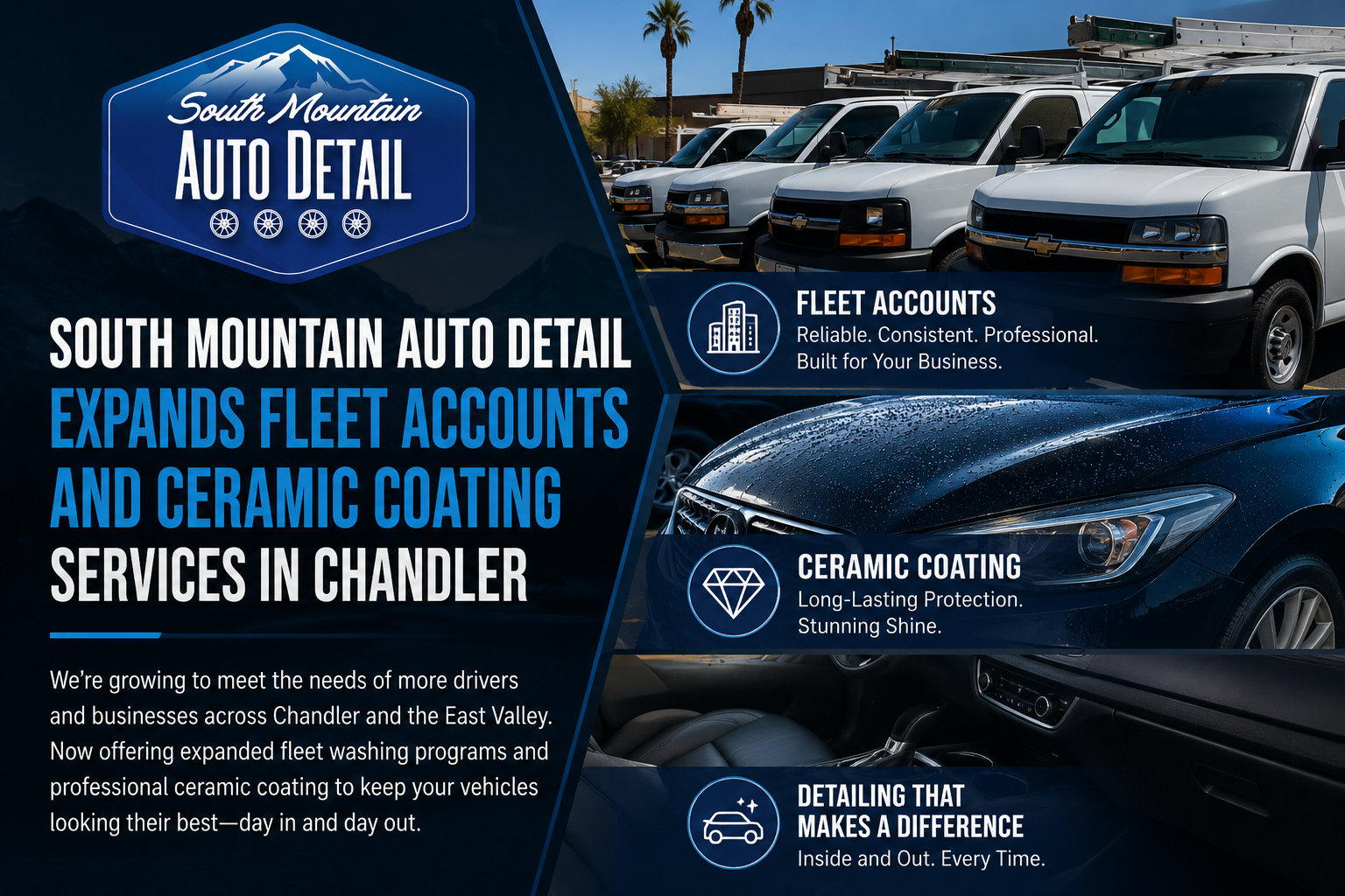 South Mountain Auto Detail ad for fleet accounts and ceramic coating, with shiny cars in blue and black.