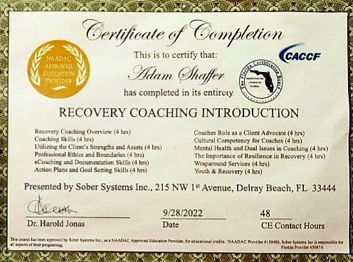 Sober coach adam certificiations