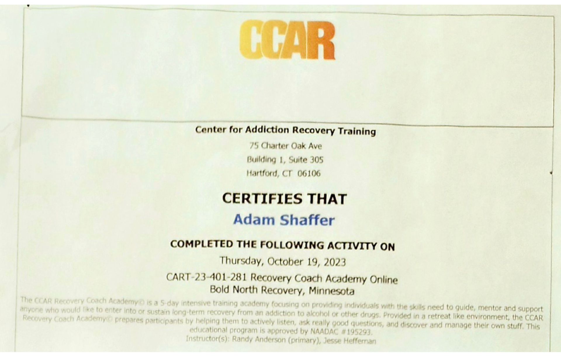 sober coach adam certificiations
