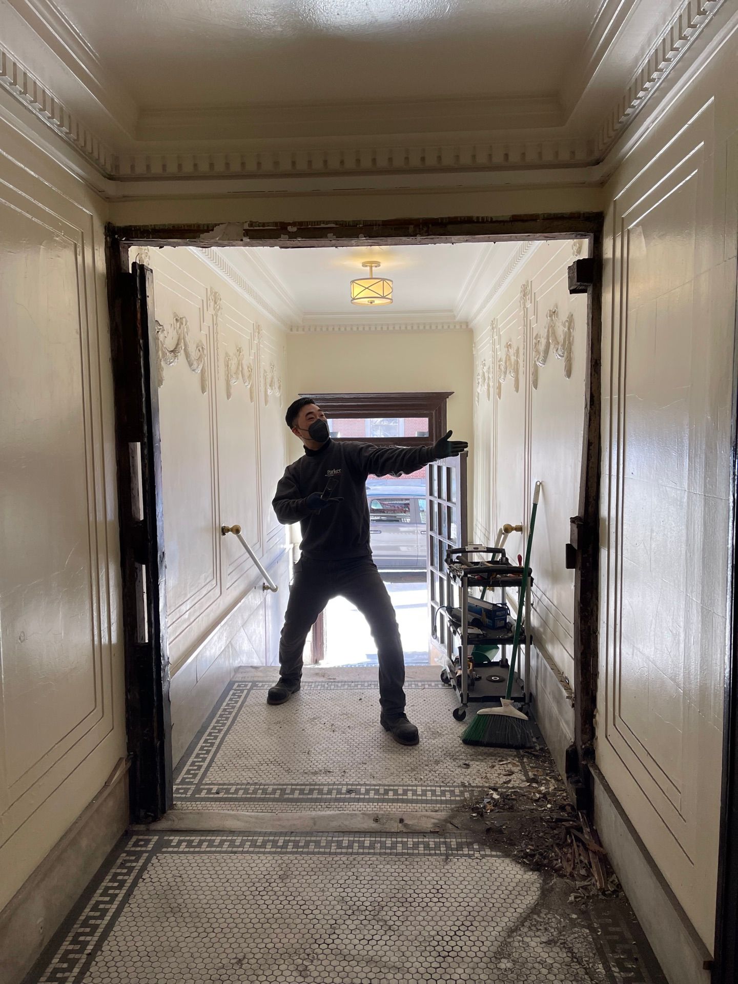 Door framing removed at an apartment building in Long Island City, Queens 