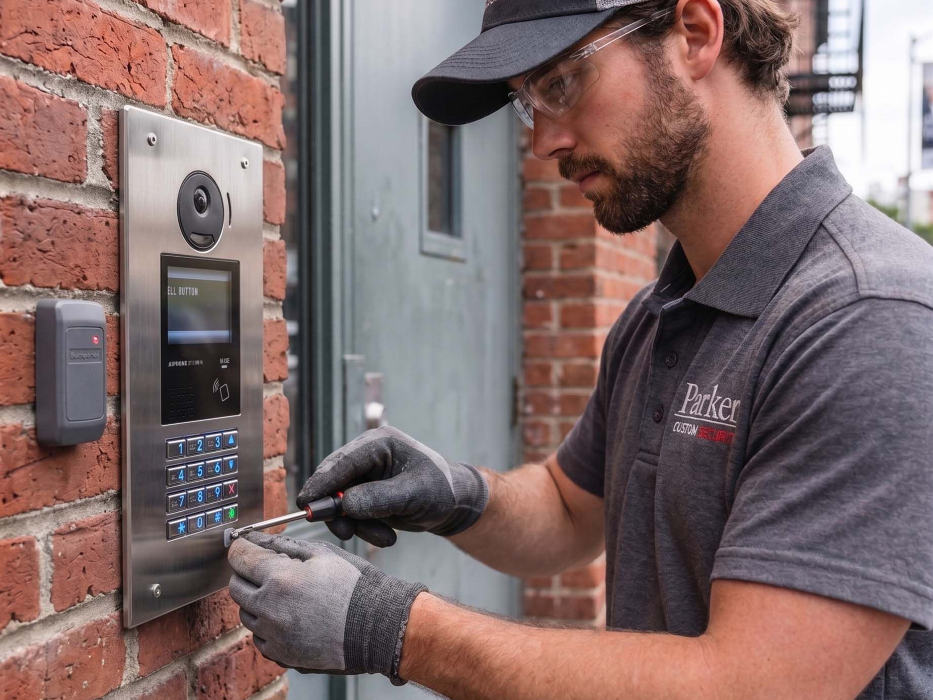 Parker Custom Security technician installing access control system on commercial building exterior in New York City