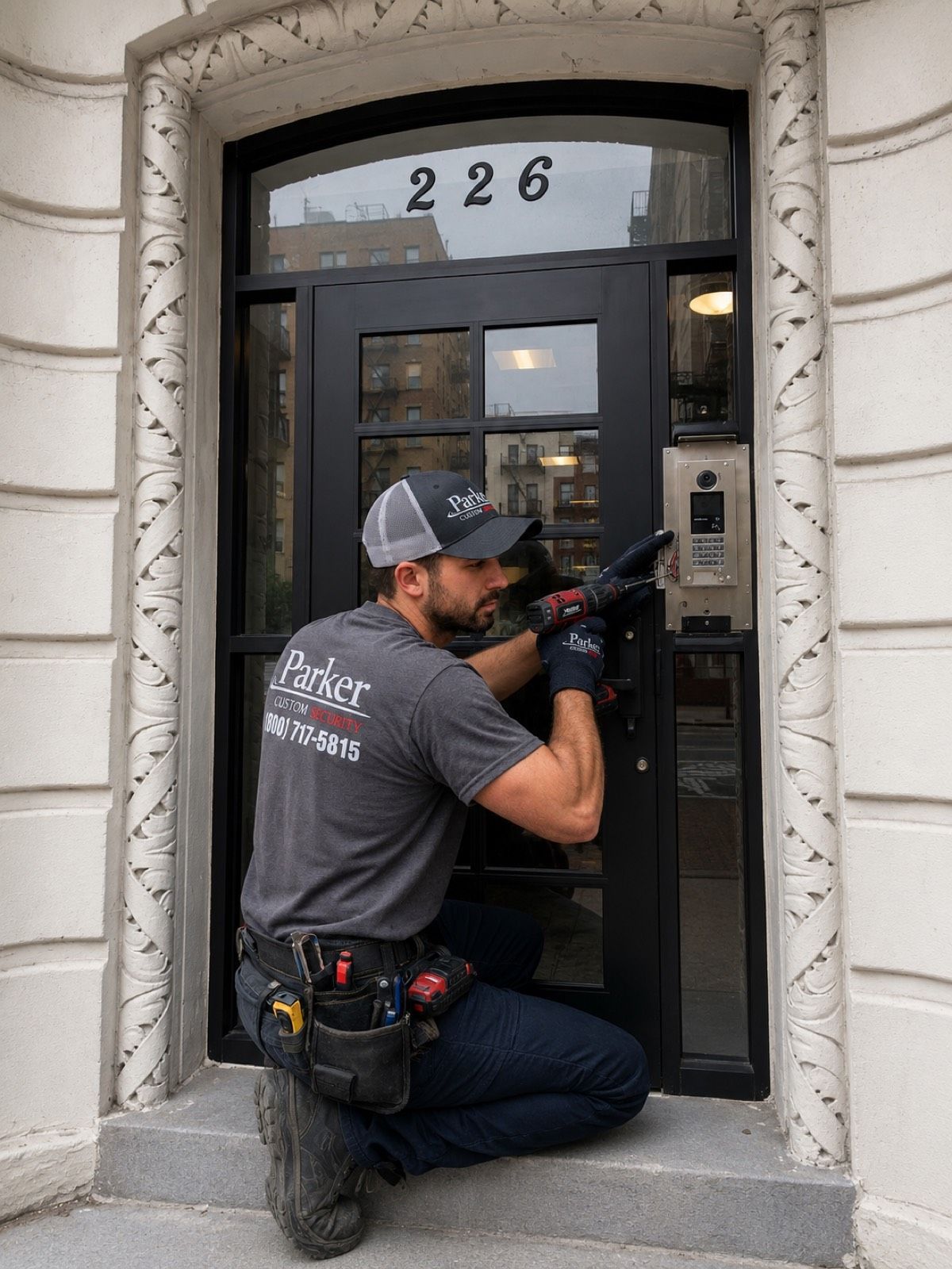Parker Custom Security technician installing a video intercom and door-entry panel on a pre-war multi-tenant apartment building entrance