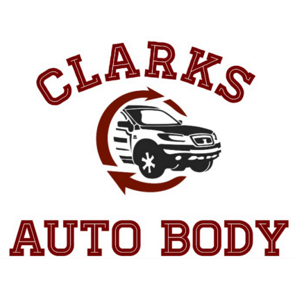 Logo for Clark's Auto Body: car in a circle with arrows, surrounded by text in burgundy.