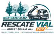 Logotipo de Seredecom de rescate en carretera con grúa, árboles y texto "Rescate Vial 24/7"