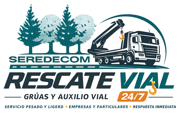 Logotipo de Seredecom de rescate en carretera con grúa, árboles y texto "Rescate Vial 24/7"