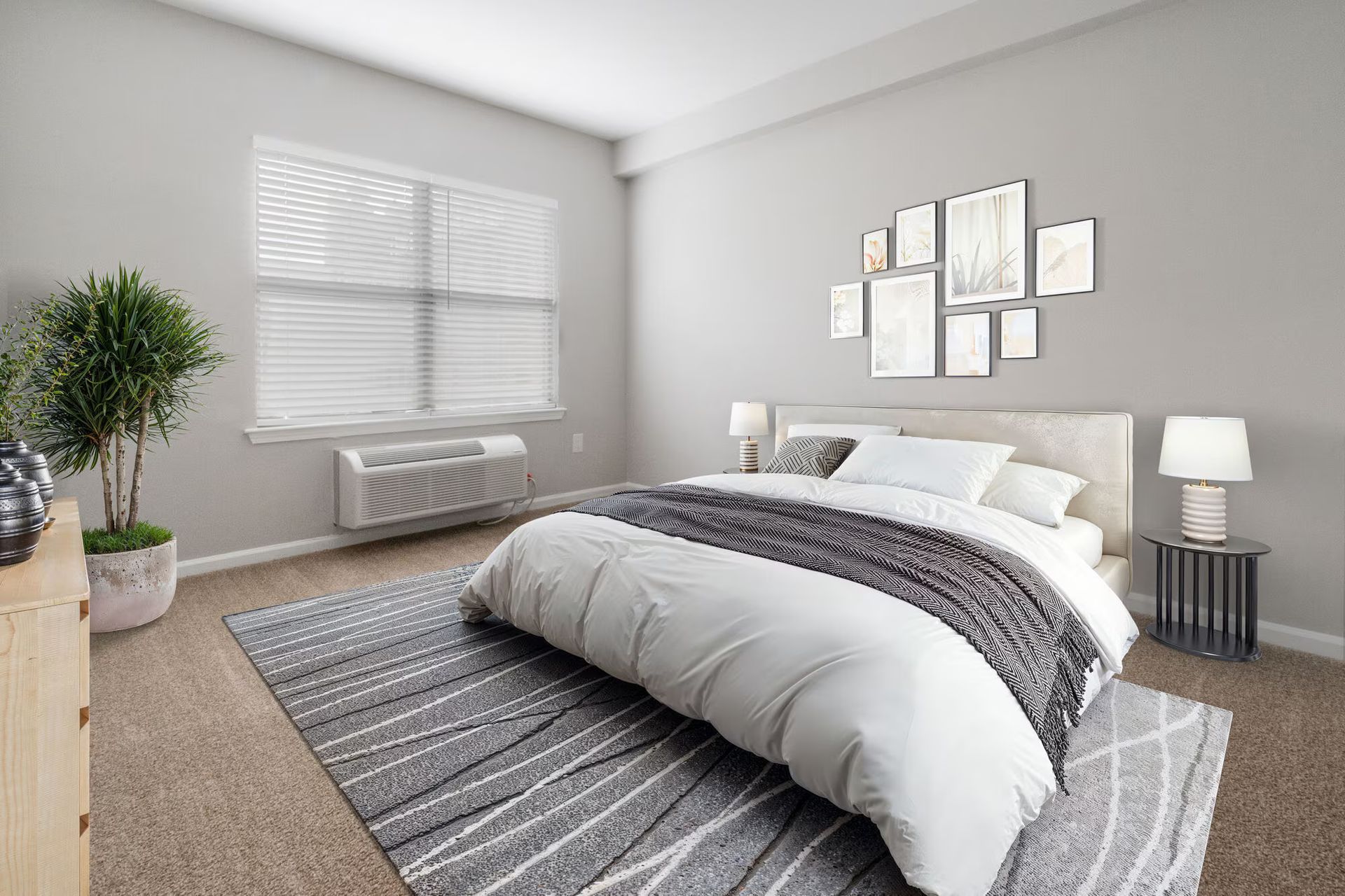Bedroom with bed, rug, window, dresser, plant, and wall art. Gray and neutral colors. Make The Brunswick your home today! Contact us to schedule a tour of our studio, 1, and 2-bedroom New Brunswick apartments for rent. 