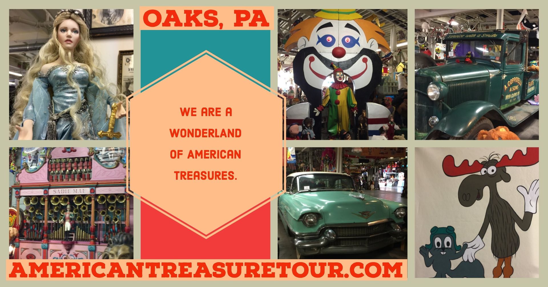 american treasure tour museum with rocky and Bullwinkle, mannequins, clowns. oaks, pa