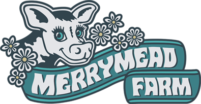 merrymead farm logo with a smiling cow and flowers