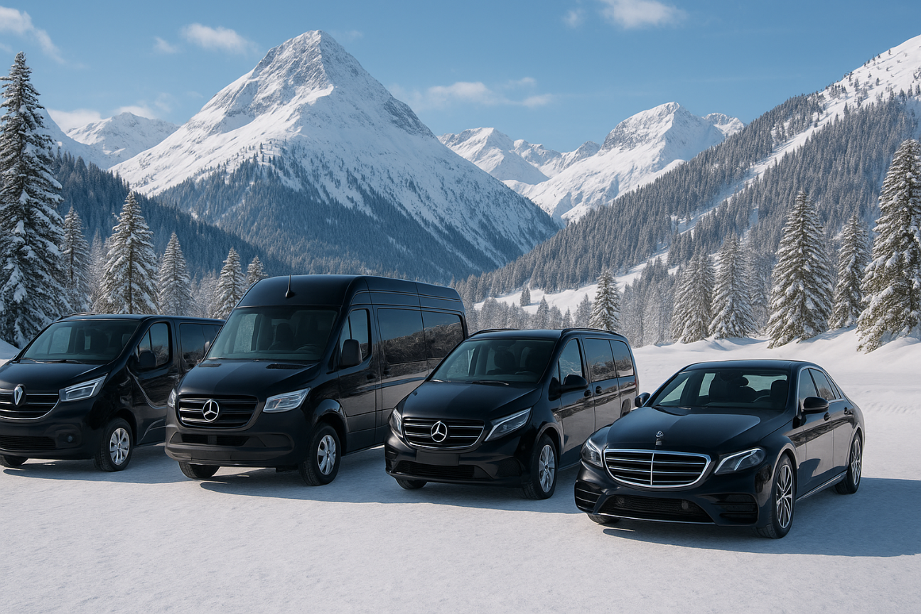 Vier schwarze Mercedes-Benz-Limousinen in einer Reihe geparkt.