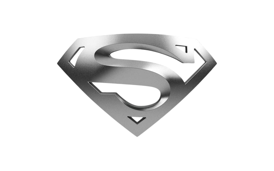 Un logotipo de Superman plateado sobre un fondo blanco.