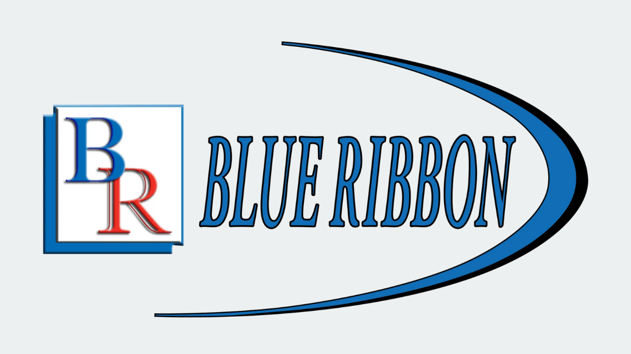 a blue and white logo for blue ribbon