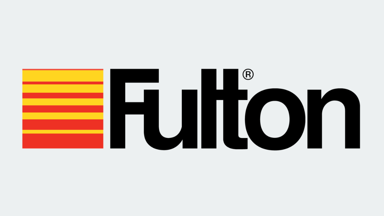a logo for fulton with a yellow and red stripe