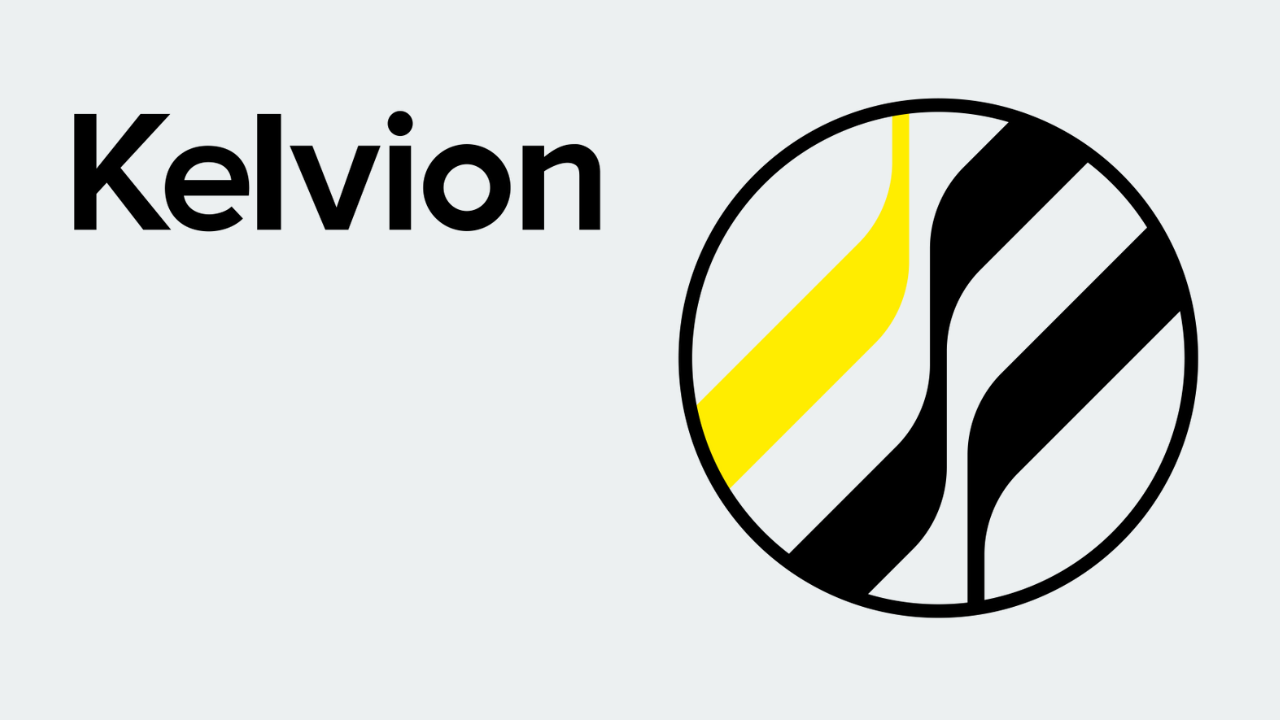 a logo for kelvion with a black and yellow circle