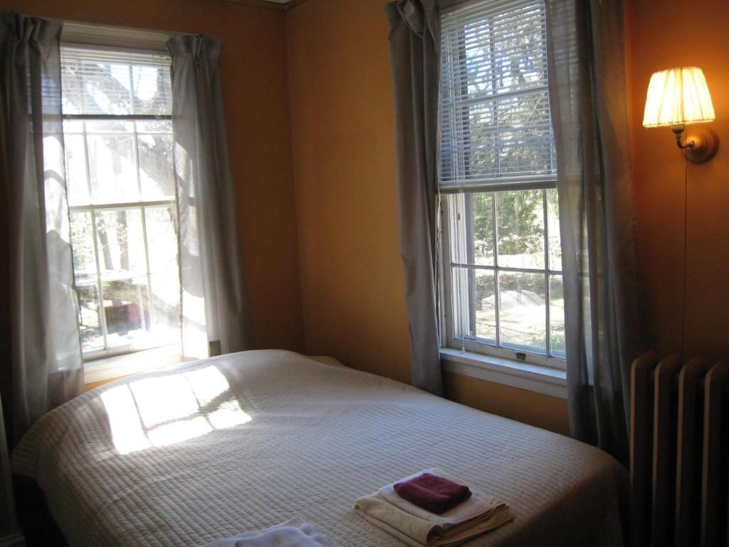 A bedroom with a bed , two windows and a lamp.