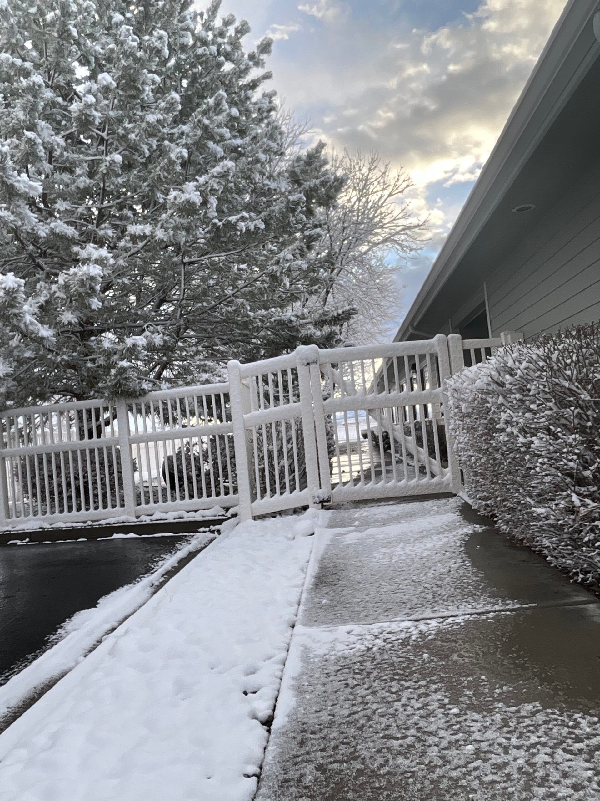 A white fence is covered in snow next to a house.