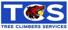 The logo for tree climbers services has a red wolf on it.