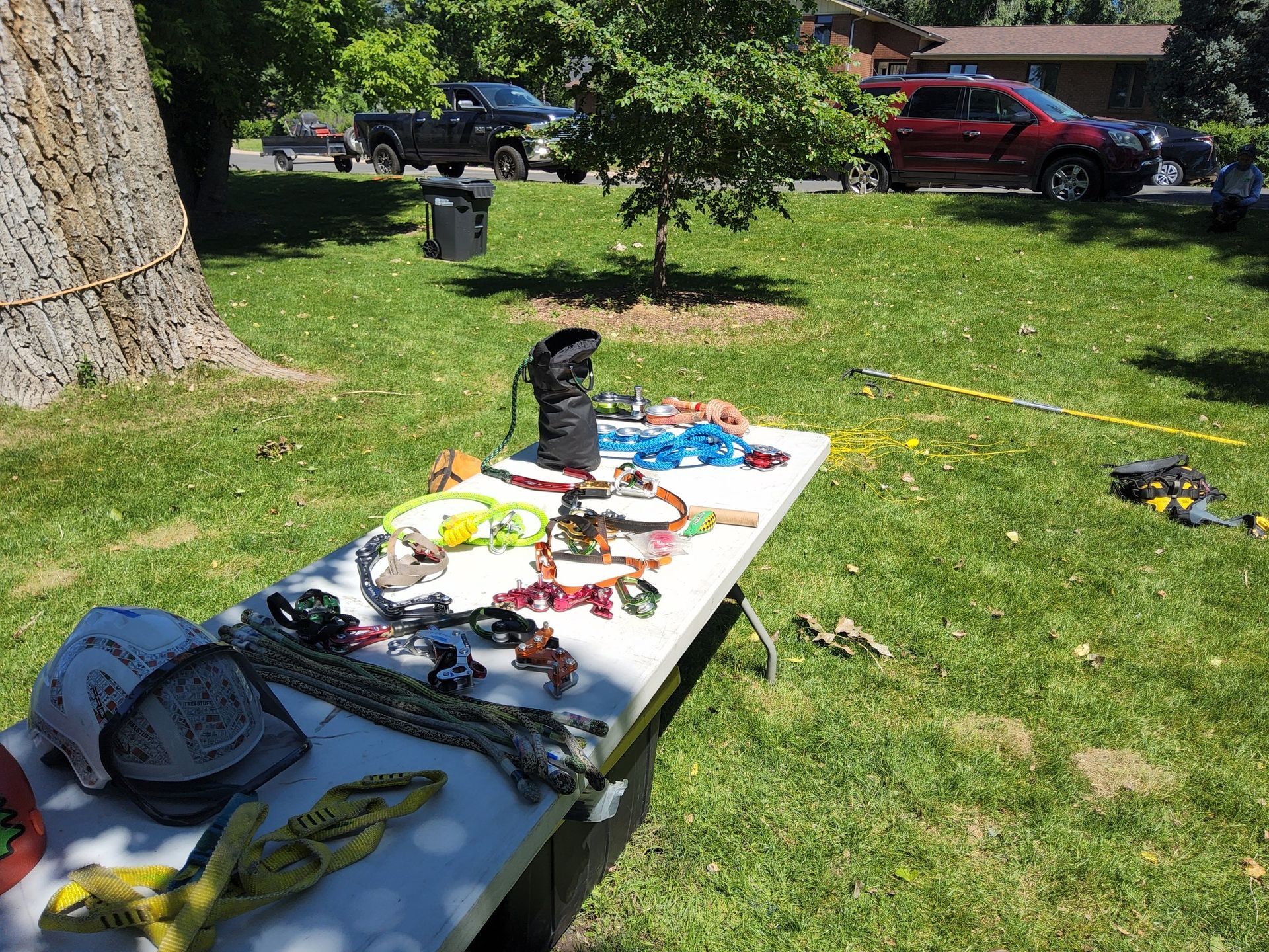 A table with a bunch of items on it in the grass