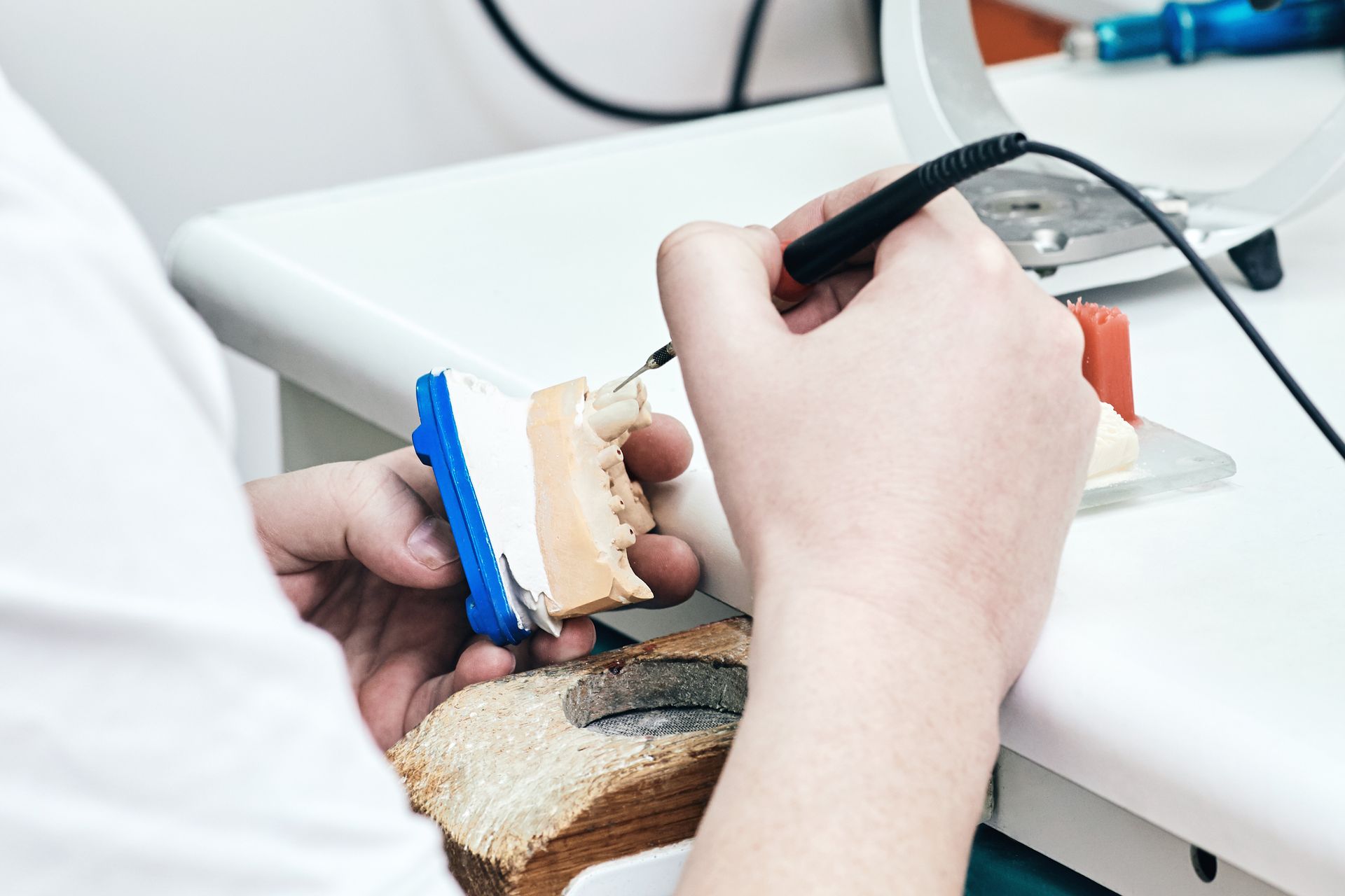 A dentist is working on a model of a tooth.